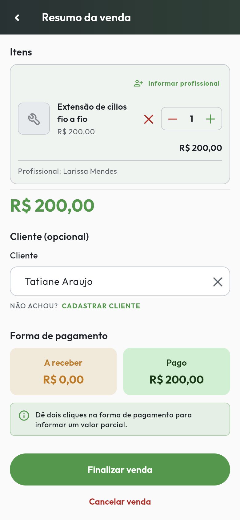 Cobrança do serviço no celular: serviço no caixa, cliente e Pix já informado