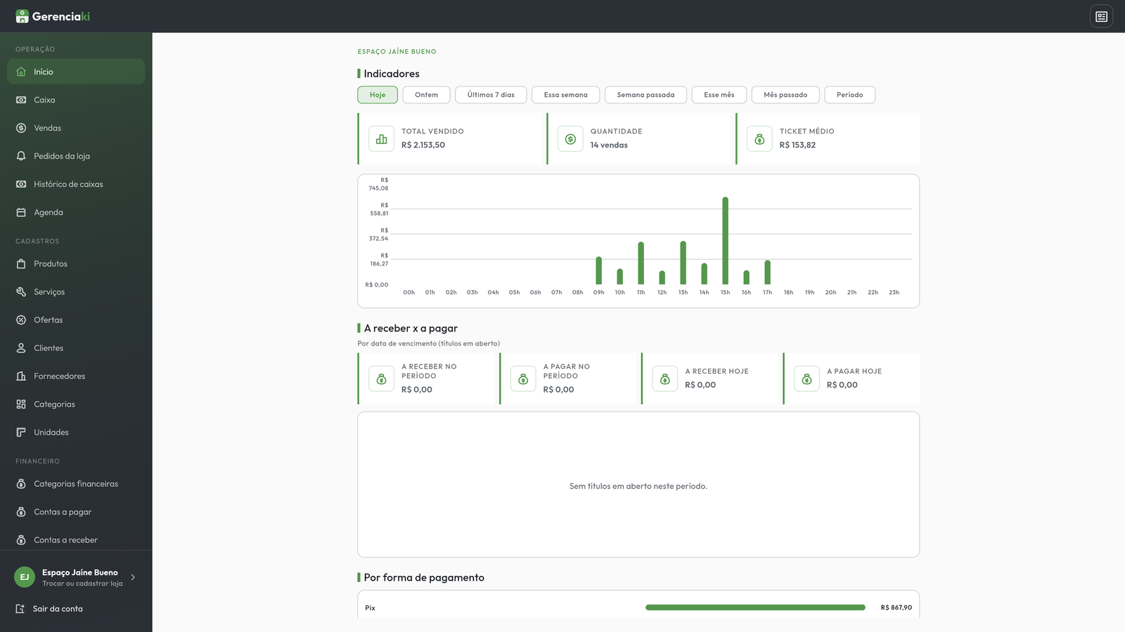 Painel do Gerenciaki no computador, com indicadores do dia, gráfico de vendas e formas de pagamento