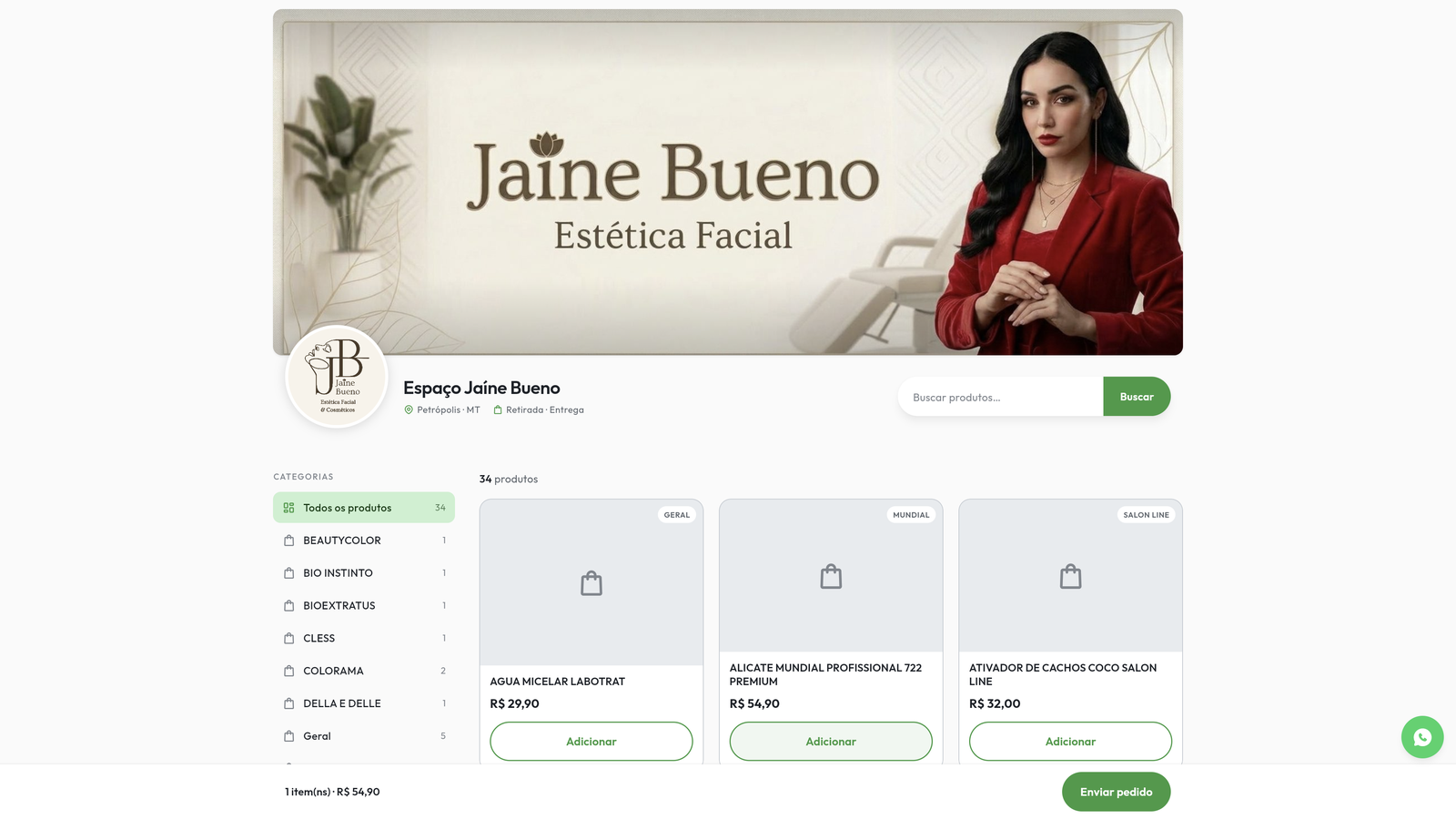 Vitrine da loja online no computador, com produtos, categorias e item no carrinho