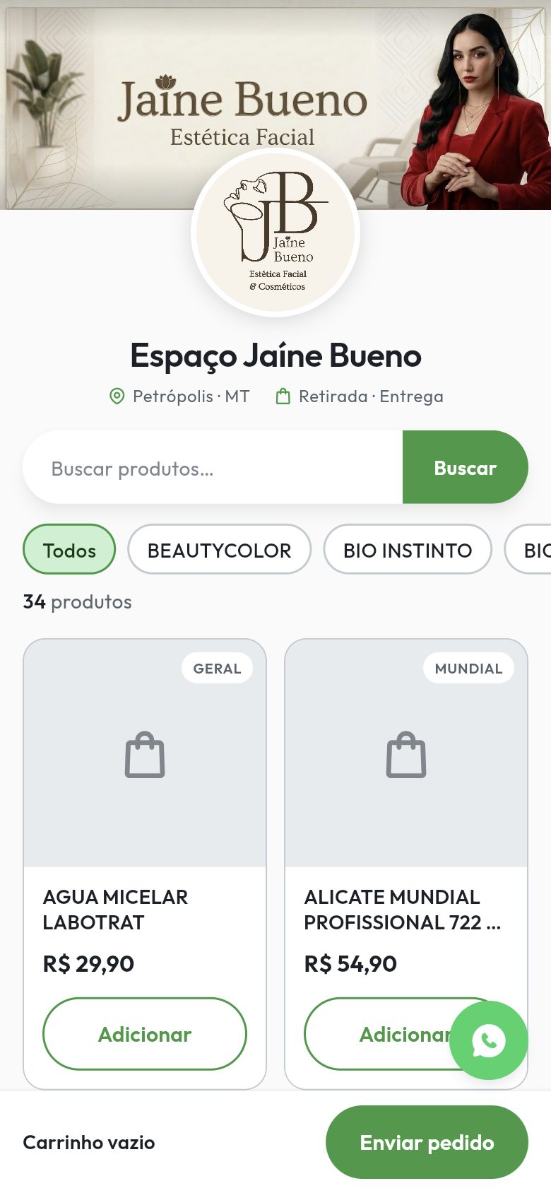 Loja online no celular, com categorias da vitrine e botão de enviar pedido