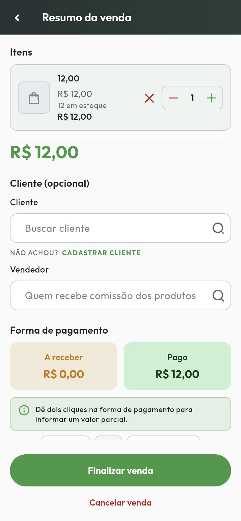 Resumo da venda no celular: item no carrinho, Pix e botão de finalizar