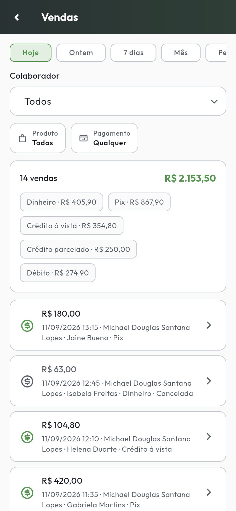 Relatório de vendas no celular, com total do dia e lista de pagamentos